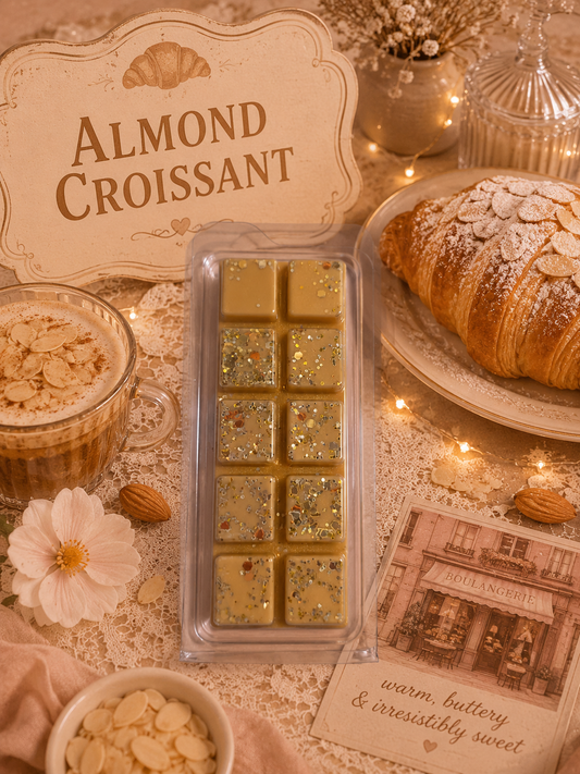 Almond croissant-themed wax melts with a cup of coffee and croissant on a decorative table.