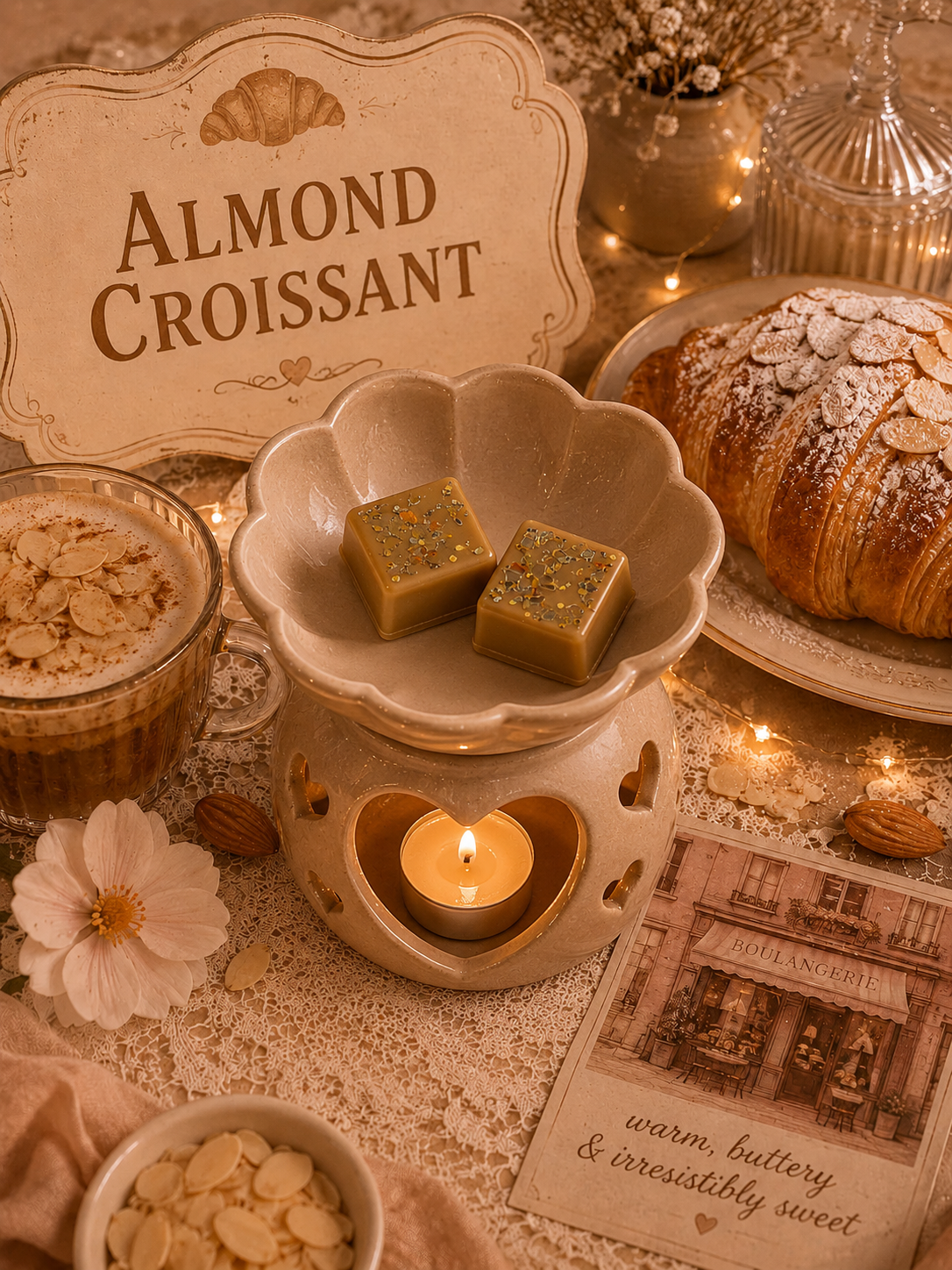 Café setting with almond croissant, coffee, and a wax melt in burner with small candle in a decorative holder.