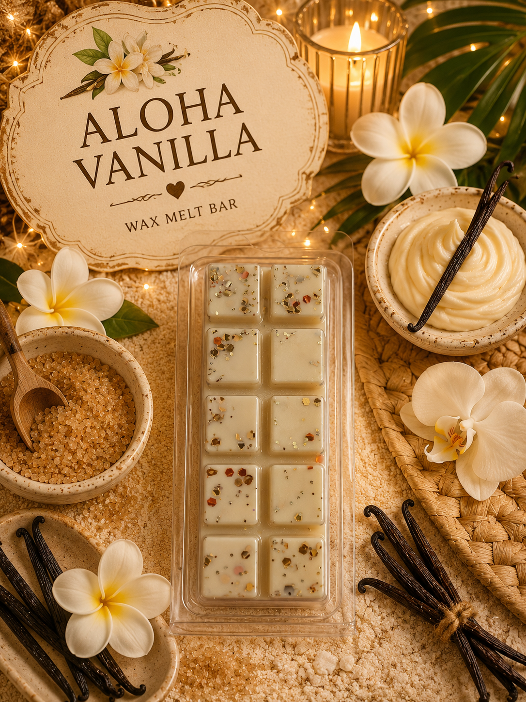 Aloha Vanilla wax melt bar with vanilla flowers and sand on a decorative surface.