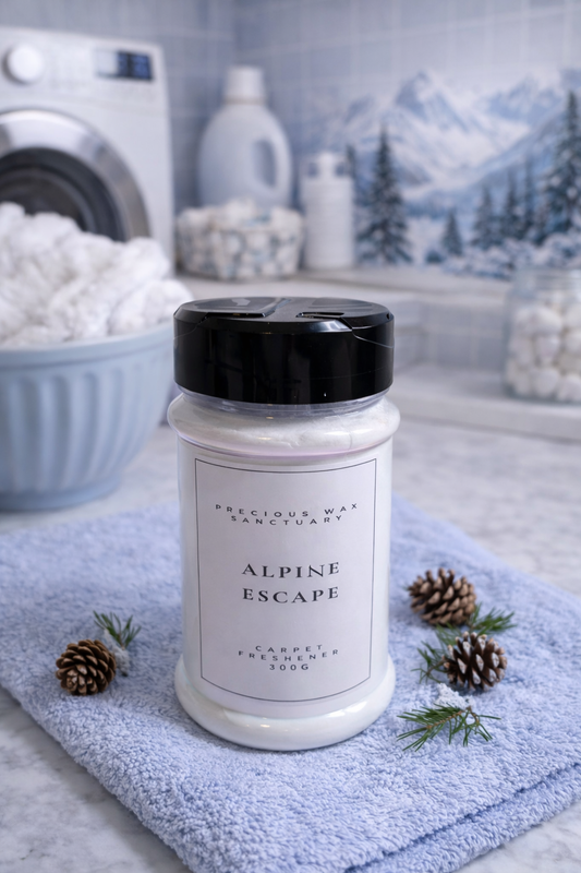 Carpet freshener labeled 'Alpine Escape' on a towel with pine cones and mountain-themed decor in the background.