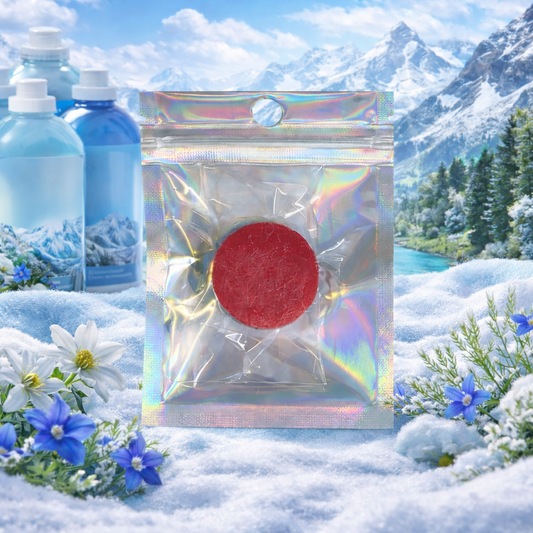 Holographic packaging with hoover discs on a snowy landscape with flowers and mountains.