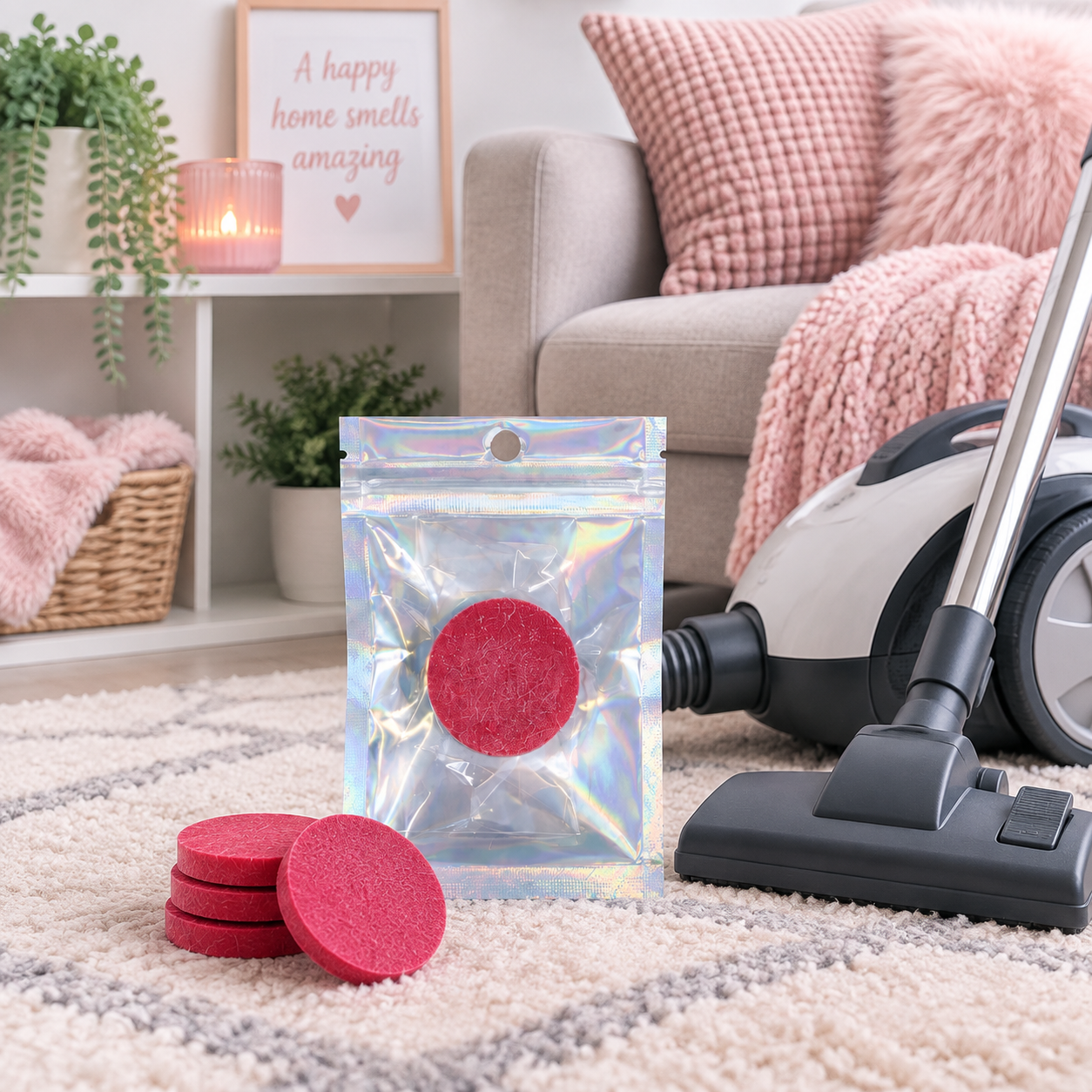 Hoover discs in home on carpet next to hoover.