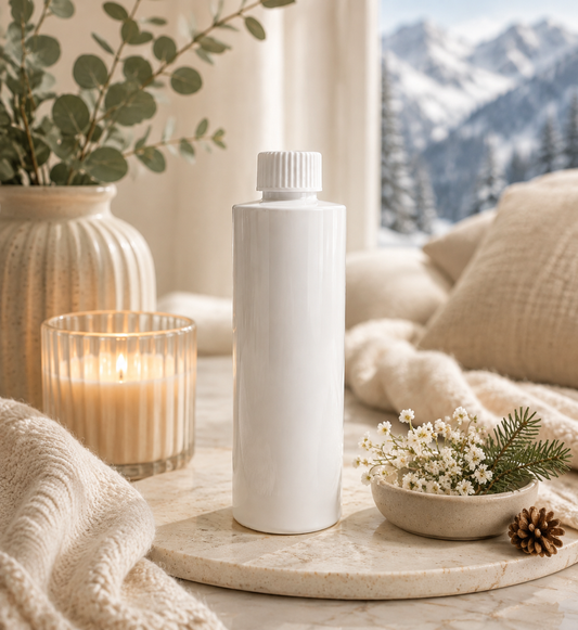 A reed diffuser refill tall matte white bottle with a ribbed cap stands on a round stone tray in a cozy indoor setting. A lit candle, a vase with greenery, a small bowl of baby's breath, and a pinecone surround it, with a window showing snowy mountains in the background.