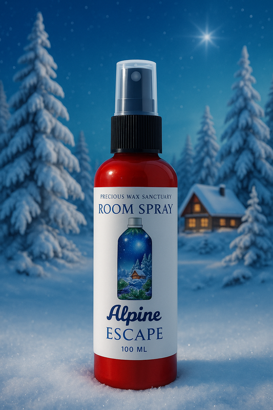 Room spray bottle labeled 'Alpine Escape' in a snowy landscape with a cabin.