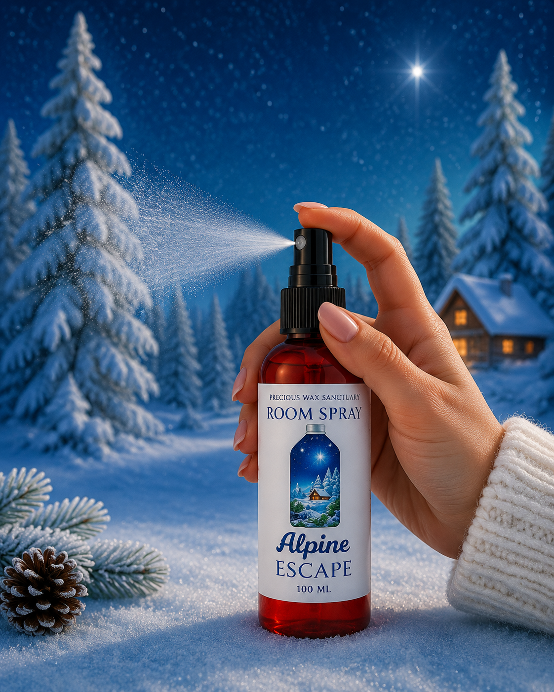 A hand wearing a white knit sleeve holds a red room spray bottle labeled 'Alpine Escape' against a snowy winter night scene with pine trees and a glowing cabin.