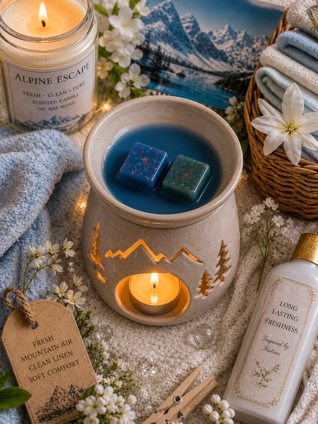 alpine escape wax melts in burner surrounded by mountains, snow and cosy candle.