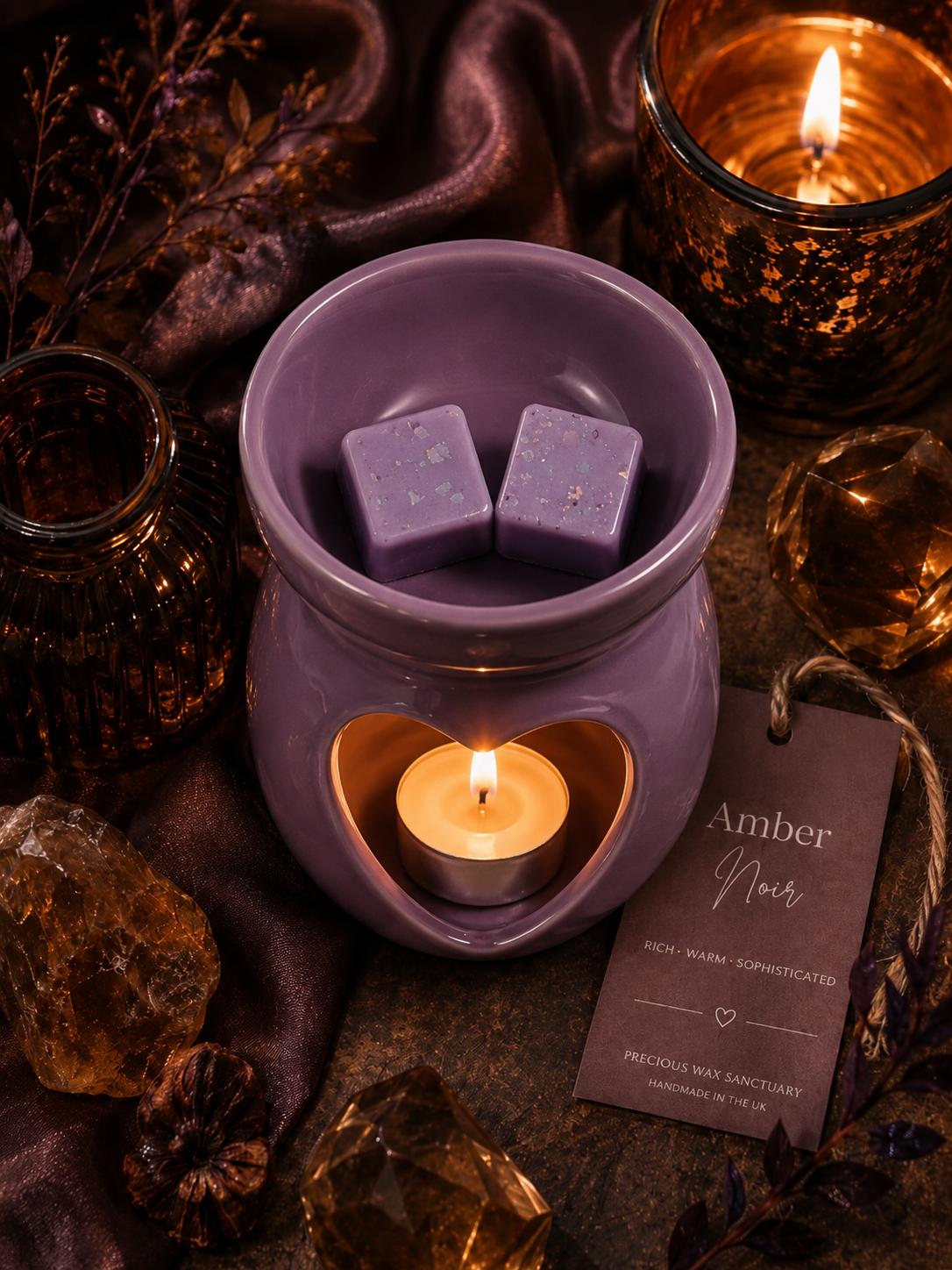 A lavender ceramic wax warmer with a lit tealight candle inside, two wax cubes on top, and a hanging tag reading 'Amber Noir.' The scene is styled with amber glass jars, crystals, and draped dark fabric in a warm, moody setting.