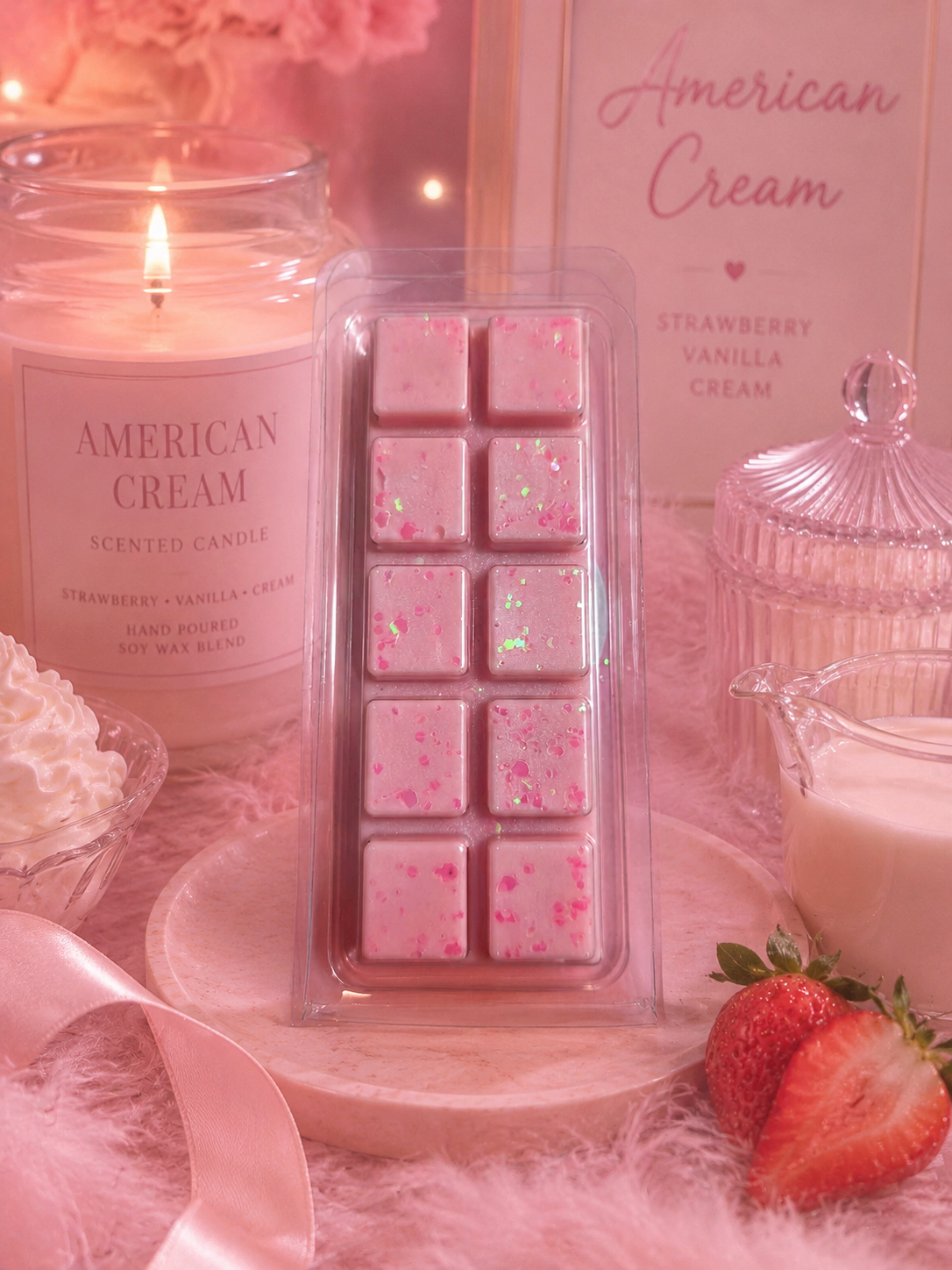 Pink scented wax melts and candle with strawberry vanilla cream flavor on a decorative surface.