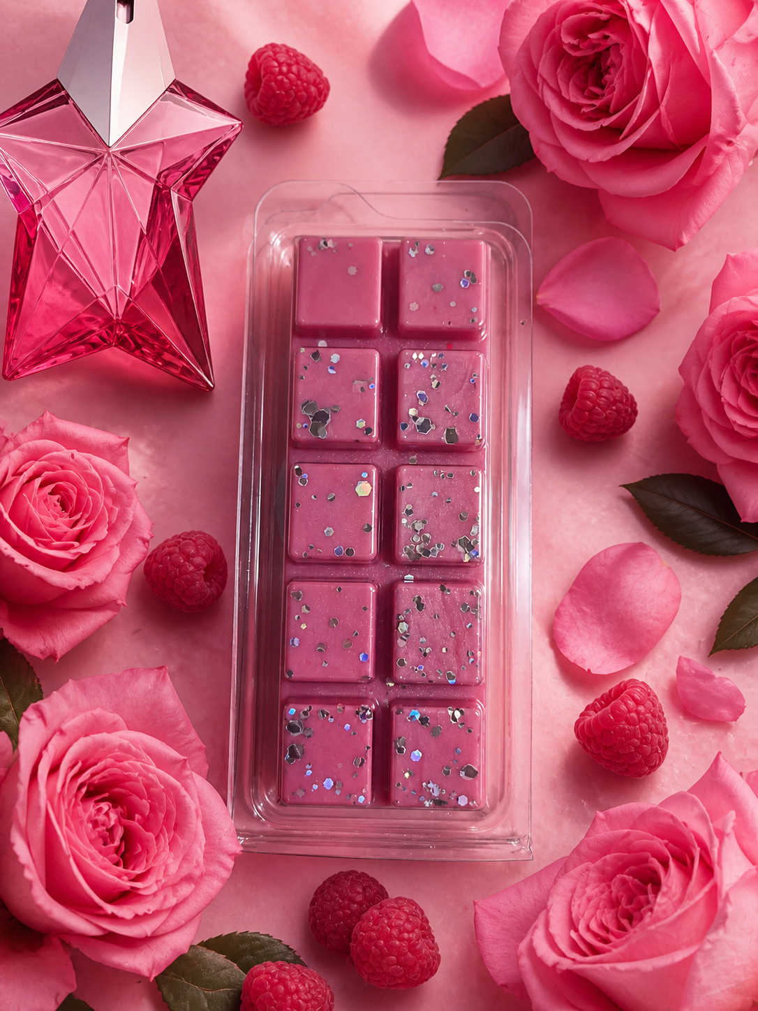 Pink wax melt surrounded by pink roses and raspberries on a pink background