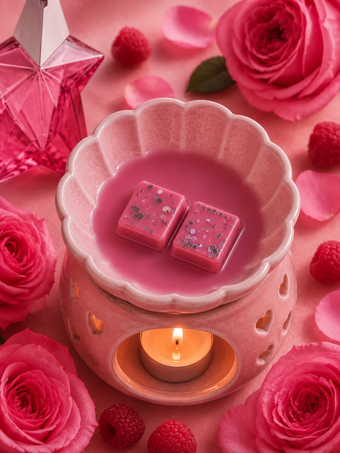 Angel Wax Melt in burner surrounded by perfume and roses.