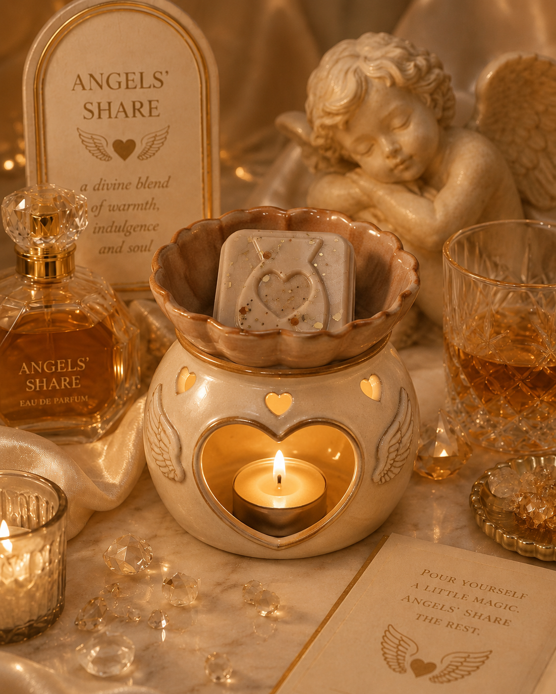 Brown wax melt sample in burner with perfume background. 