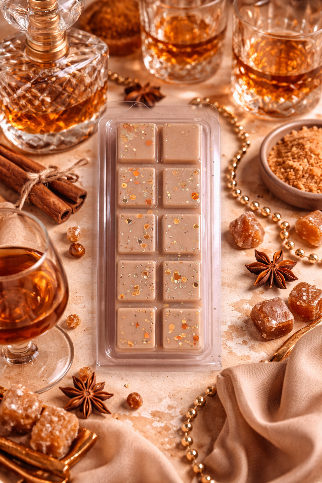 Wax melt bar with perfume, star anise and cinnamon on a wooden surface