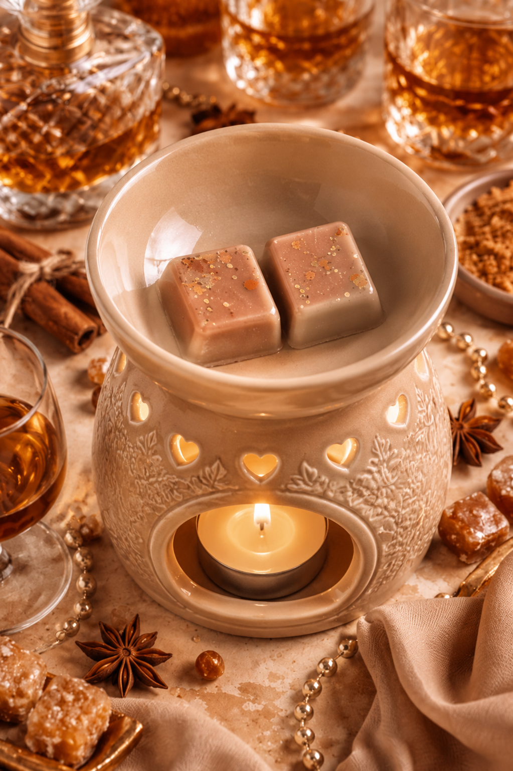 A beige ceramic wax warmer with a lit tealight candle inside, holding two square wax melts with visible glitter, surrounded by warm-toned props including whiskey glasses, cinnamon sticks, star anise, and draped fabric.