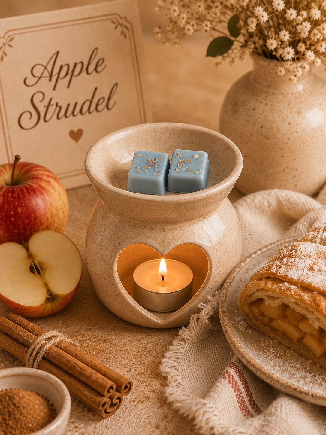 A cozy styled scene with a ceramic candle warmer holding a lit tea light candle, two blue square wax melts on top, apples, cinnamon sticks, a pastry on a plate, and a sign reading 'Apple Strudel' in the background.