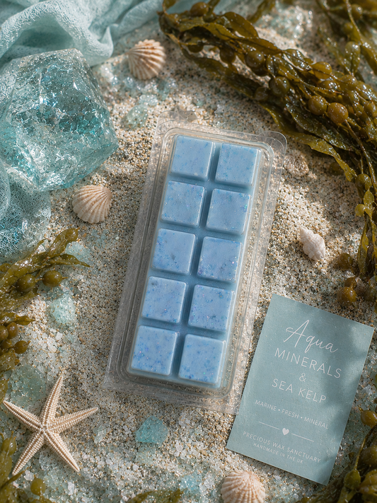 A packaged light blue wax melt bar labeled Aqua Minerals & Sea Kelp, styled on sand with shells, seaweed, and aqua fabric.