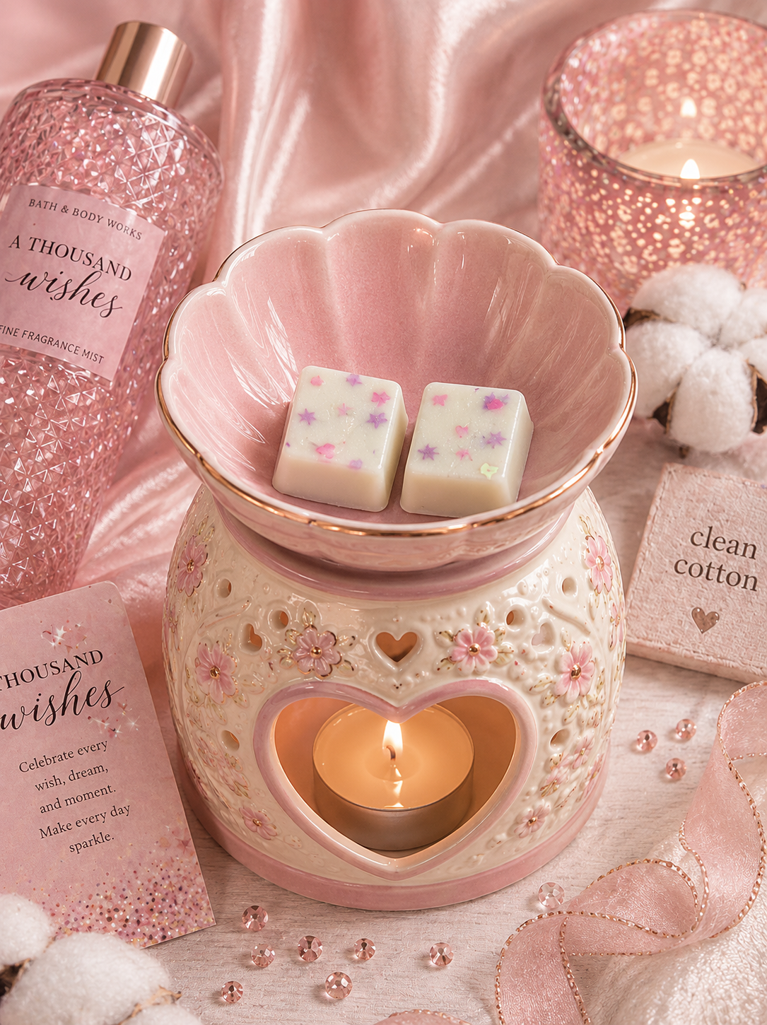Apsirations wax melts in burner with thousand wishes and clean cotton theme.