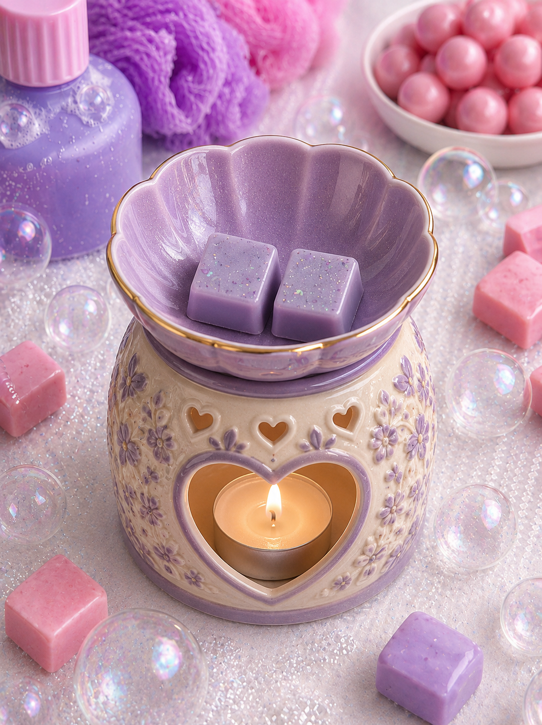 Purple wax melts in burner with matching background. 