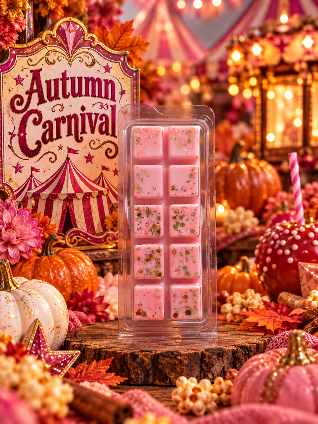 A pink wax melt bar set in a clear plastic clamshell package, styled on a rustic wood slice with autumn decorations including pumpkins, fall leaves, and an 'Autumn Carnival' sign.