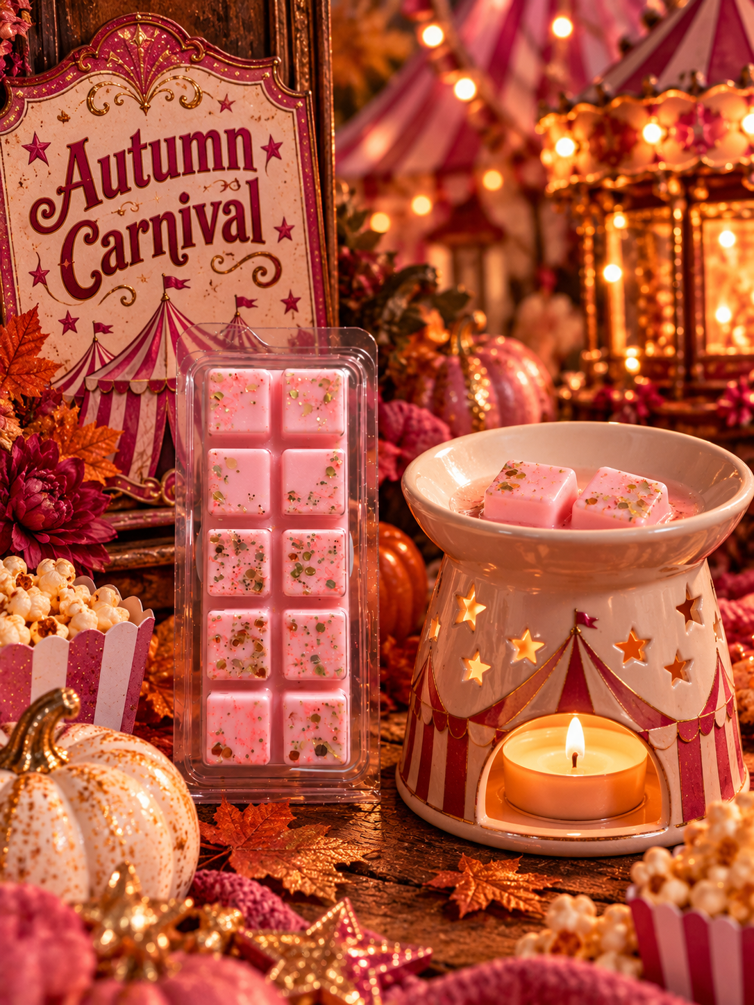 Pink autumn-themed wax melts in a clear plastic tray, styled next to a starry cream wax warmer with a lit tea light candle, pumpkins, popcorn, and an 'Autumn Carnival' sign.