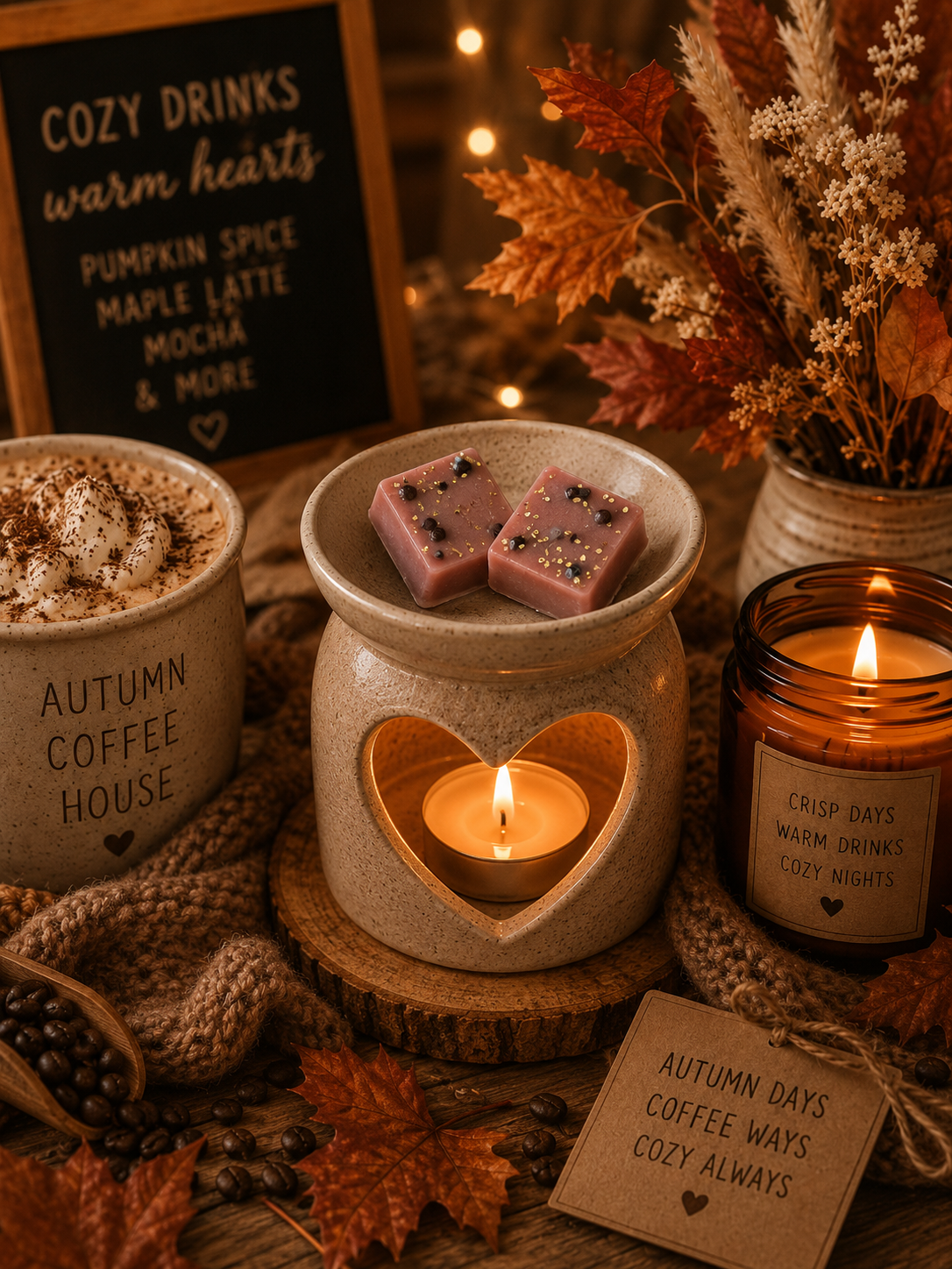 A cozy autumn-themed tabletop scene with a ceramic heart-shaped candle holder in the center containing a lit tealight candle, flanked by a mug of hot cocoa, an amber candle jar, dried flowers, fall leaves, and sign cards reading autumn coffee drink phrases.