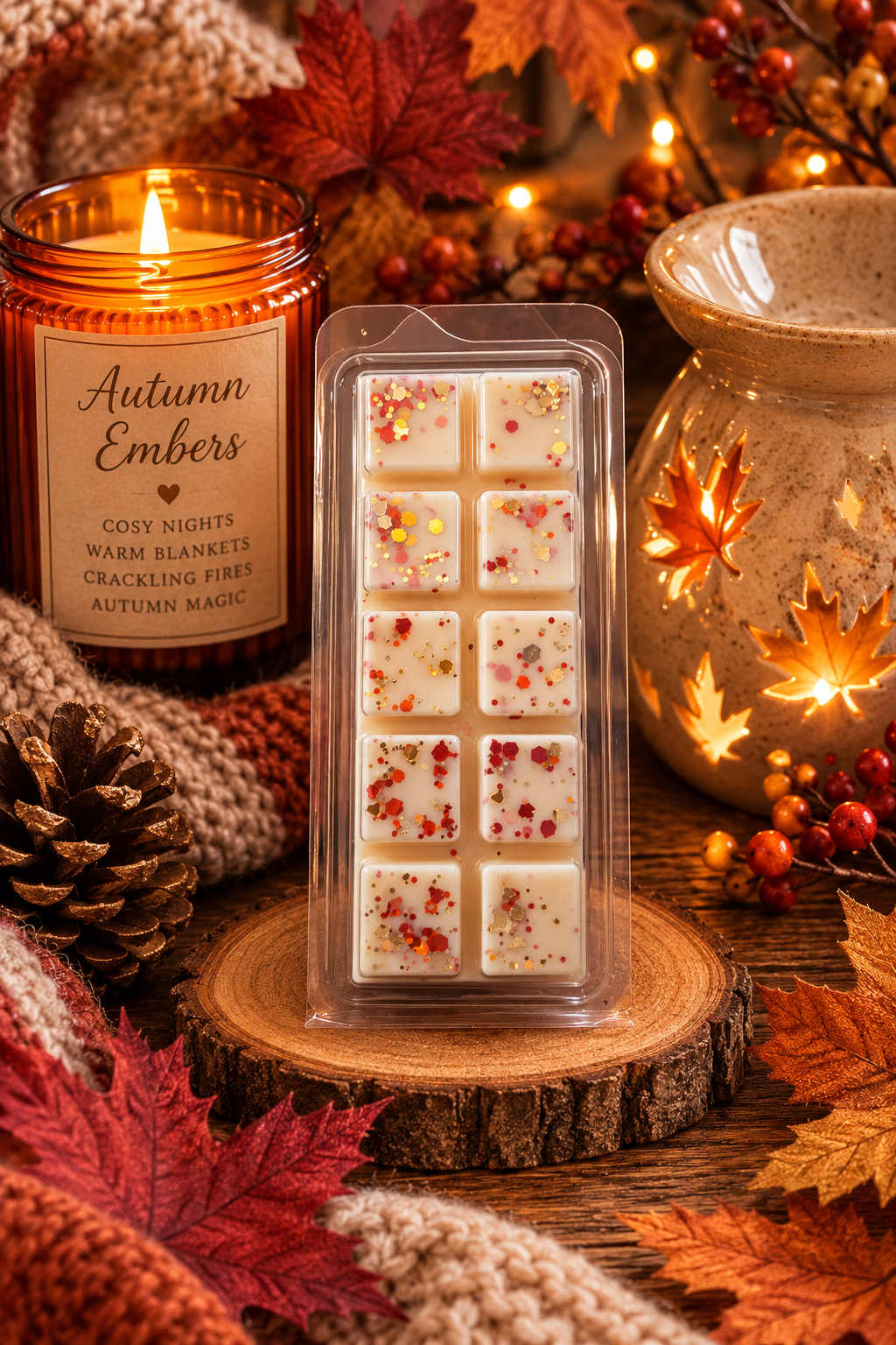 A clear plastic clamshell package of wax melts labeled 'Autumn Embers' stands on a wood slice coaster. The wax is creamy off-white with scattered red and yellow botanical flecks.