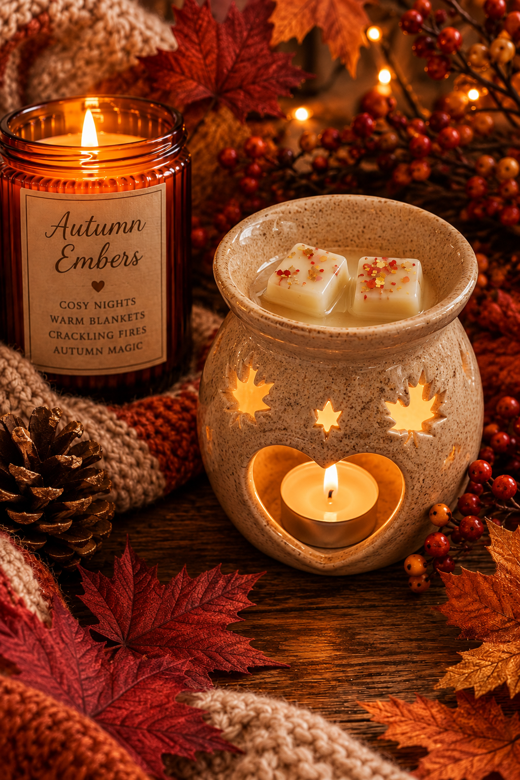 autumn embers scented wax melts in a autumn theme burner with cosy background theme.