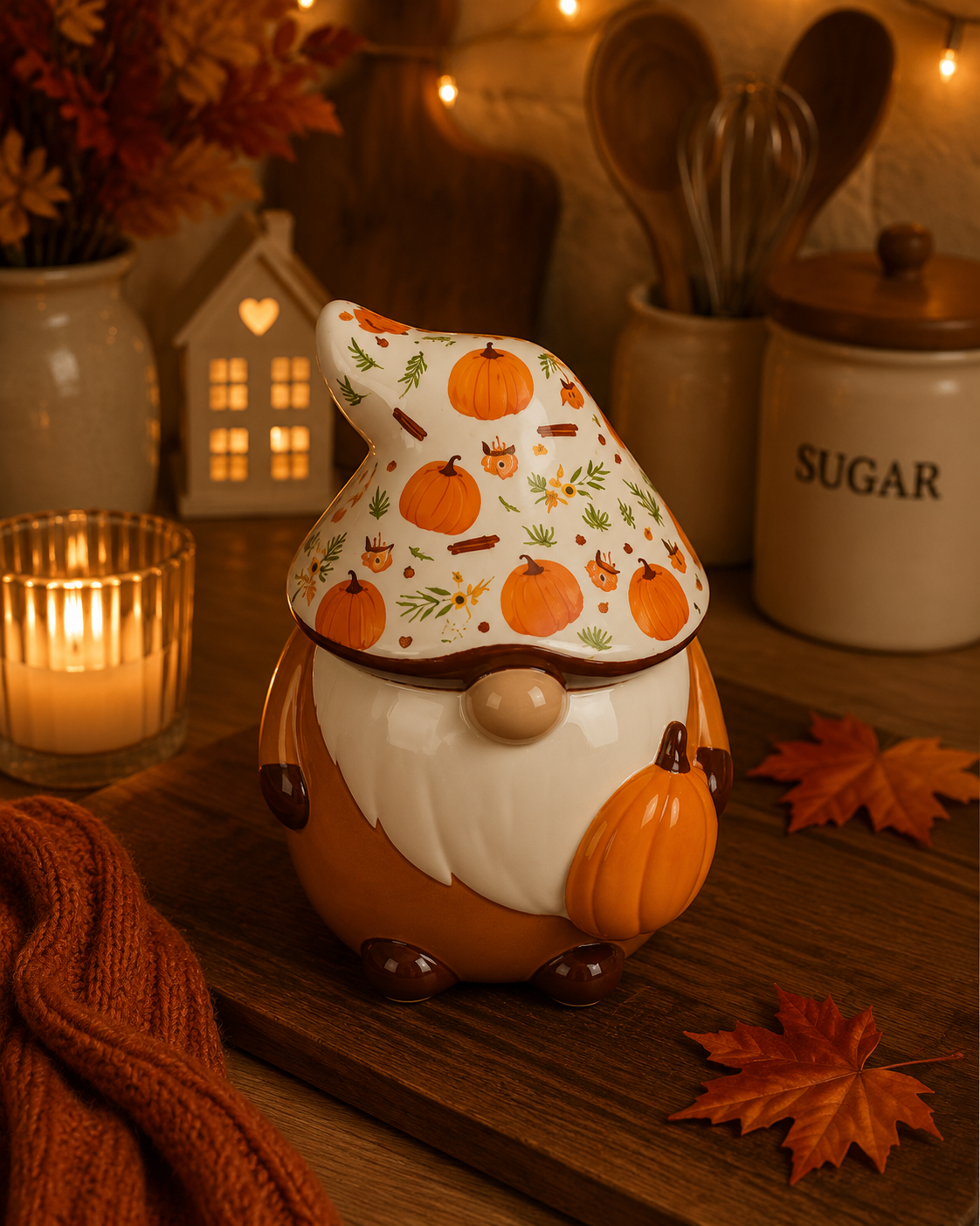 A ceramic gnome wax burner decorated with a white hat patterned with orange pumpkins, brown details, and a white beard, styled on a wooden table with autumn leaves, a candle, and cozy kitchen props in the background.