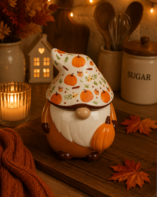 A ceramic gnome wax burner decorated with a white hat patterned with orange pumpkins, brown details, and a white beard, styled on a wooden table with autumn leaves, a candle, and cozy kitchen props in the background.