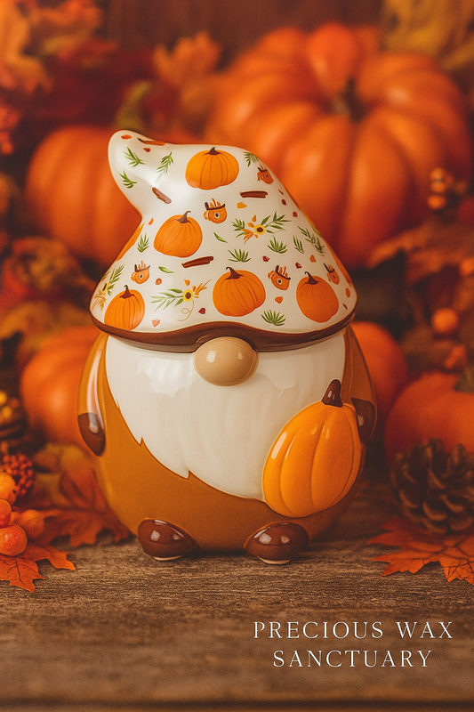 Decorative gnome with pumpkin design on a wooden surface with pumpkins in the background