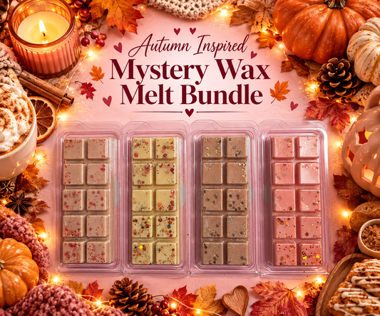four packages of autumn-themed wax melts arranged in a flat-lay with fall decorations including pumpkins, candles, pinecones, and string lights. The text at the top reads 'Autumn Inspired Mystery Wax Melt Bundle'.