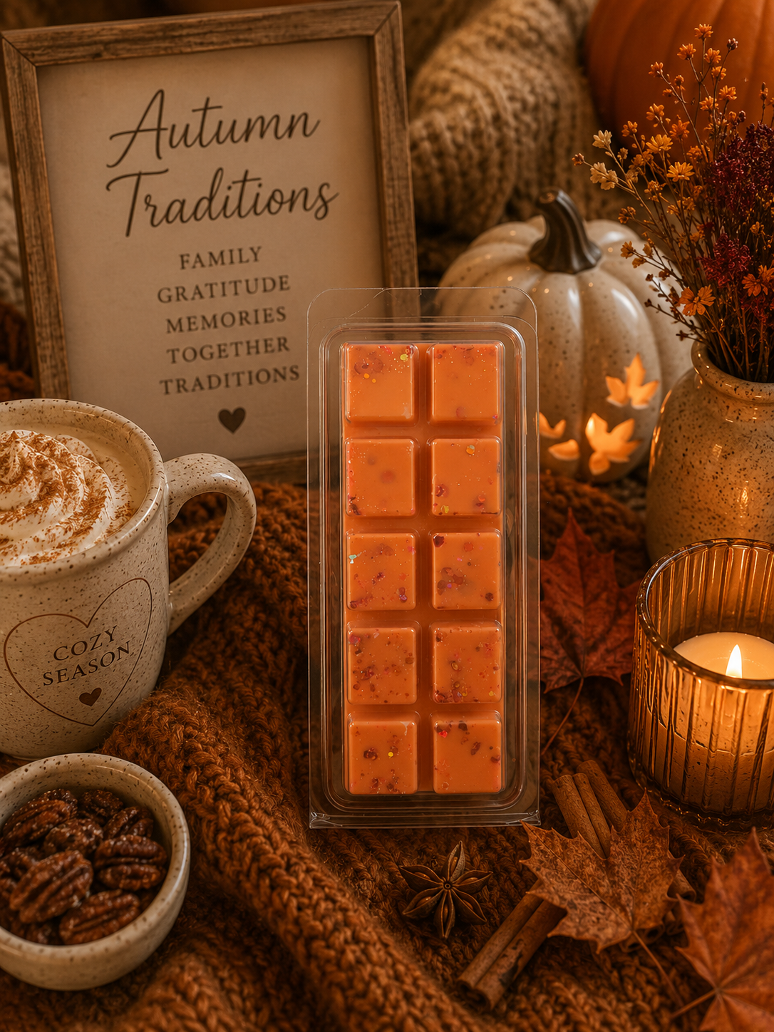 A packaged orange-brown wax melt bar with small speckled inclusions, displayed on a cozy autumn-themed surface with a mug, sign reading 'Autumn Traditions,' pumpkins, dried flowers, leaves, and a candle.