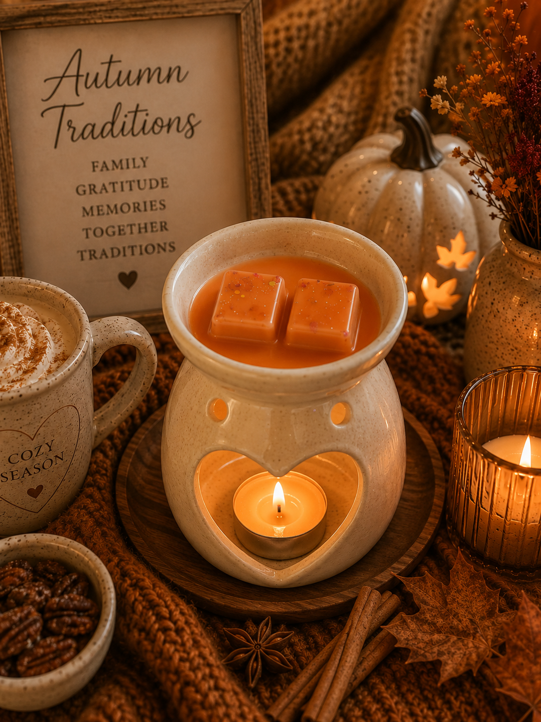 autumn wax melts in burner with cosy pumpkin autumn background theme.