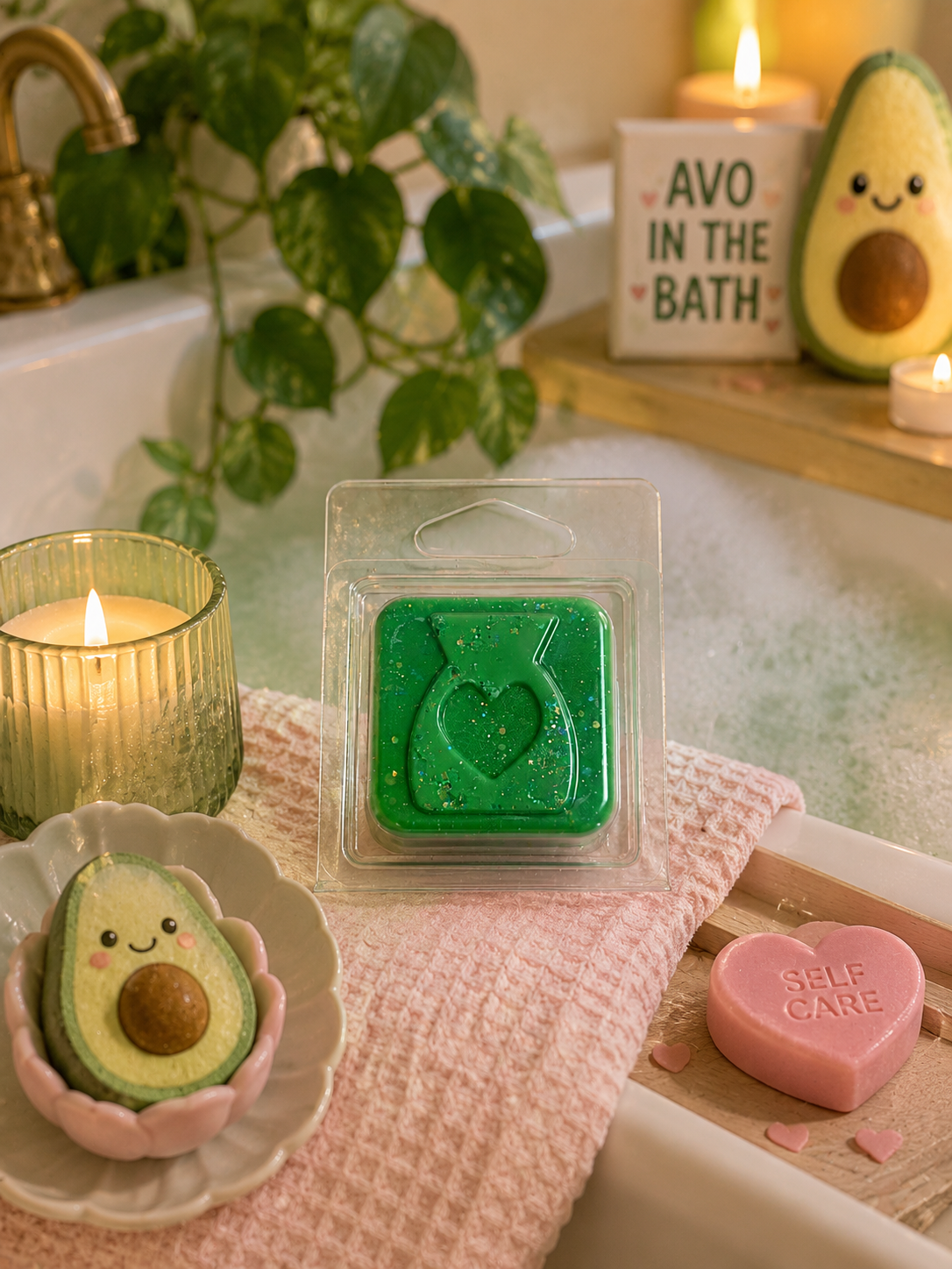 Avocado-themed soap and wax melt packaging on a bath mat with candles and plants in the background.