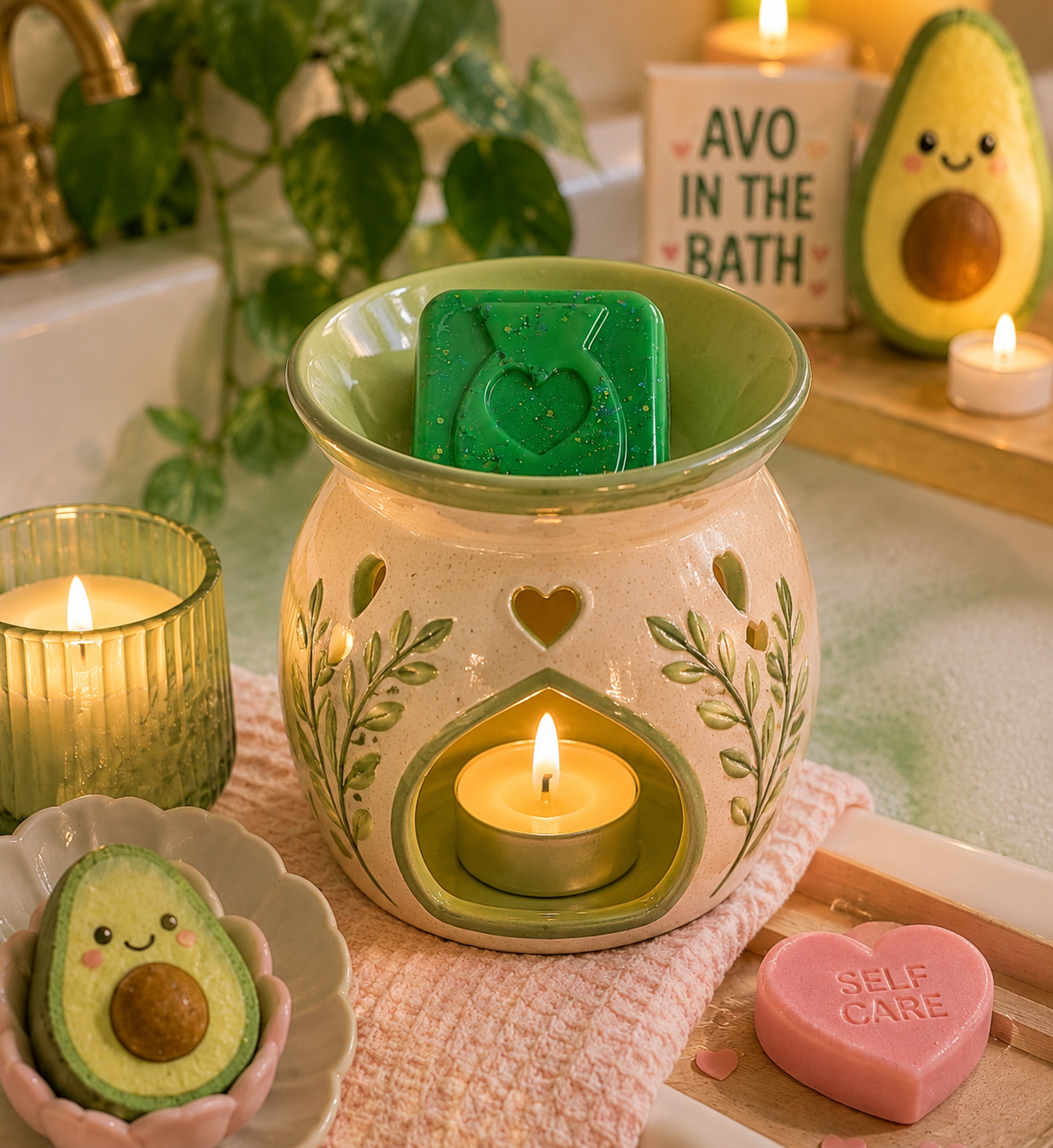 A ceramic wax warmer with a green leaf pattern and heart details, lit with a tealight candle inside, holding a green wax melt with a heart design. The scene is styled in a bathroom setting with an avocado-shaped soap, a pink heart-shaped soap, a candle in a glass holder, and a plant in the background.