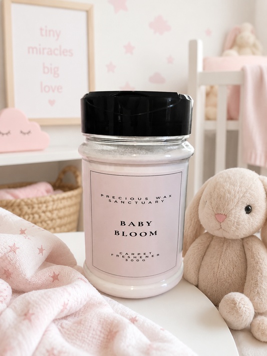 A jar of carpet freshener labeled 'BABY BLOOM' by Precious Sanctuary Wax, styled in a soft pink nursery setting with a plush bunny toy, pink starry blanket, and framed nursery decor in the background.
