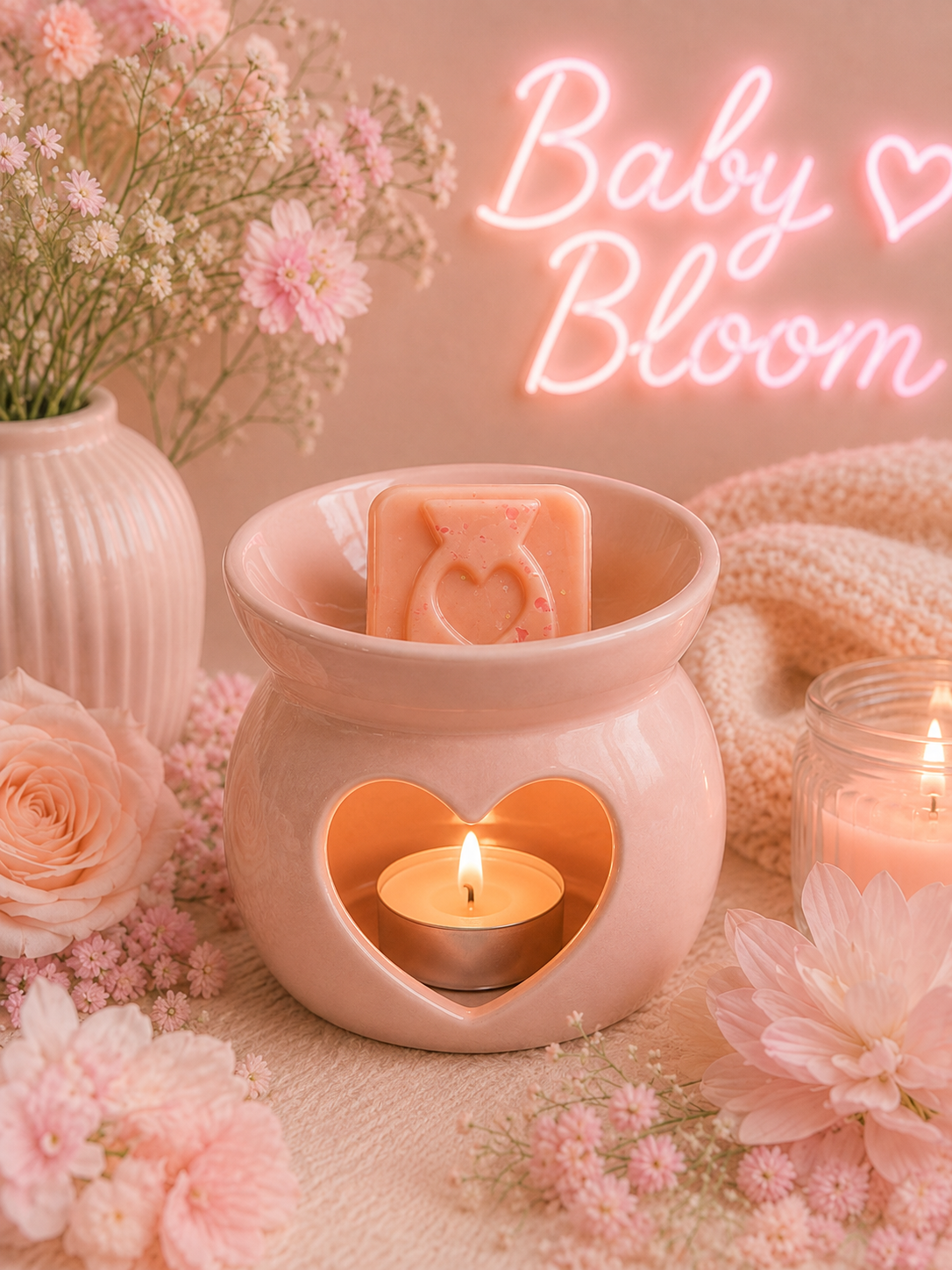 A pink ceramic heart-shaped wax warmer with a lit tealight candle inside, styled with pink flowers, a small soap bar, a candle jar, and a knitted blanket. A glowing neon sign in the background reads 'Baby Bloom'.