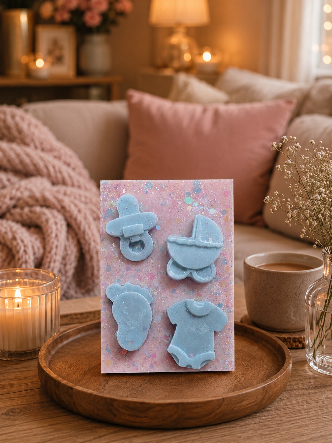 A rectangular wax melt with baby-themed molded shapes in light blue, displayed on a wooden tray in a cozy living room setting with candles, a pink pillow, and a cup of coffee.