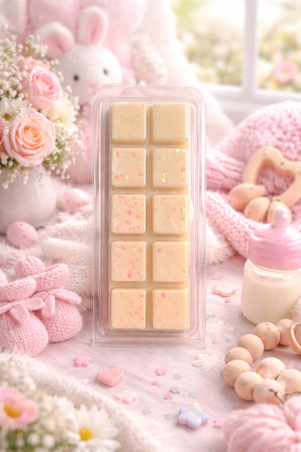 Wax melts in a clear container on a decorative surface with flowers and toys.