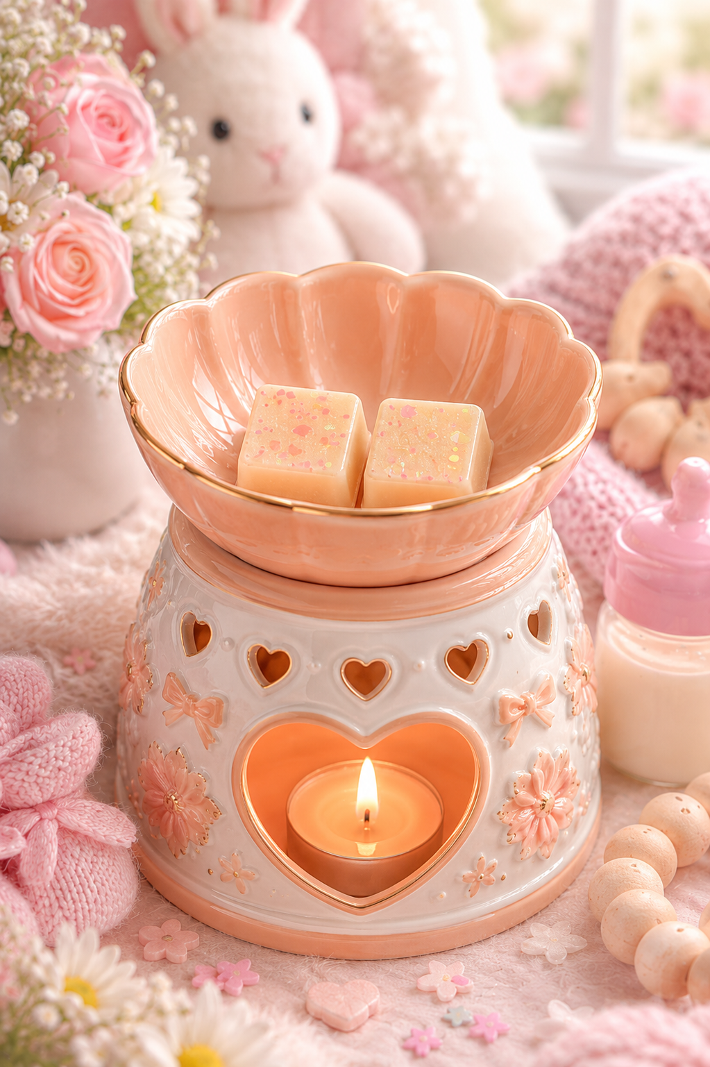 Wax melts in burner with cute baby background.