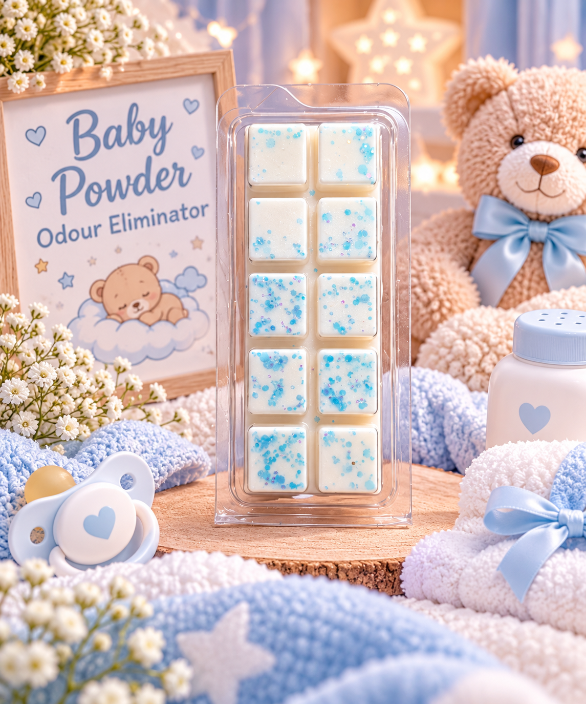 A packaged wax melt bar of baby powder odour eliminators shown in a styled nursery-like scene with a teddy bear, pacifier, towels, and a sign reading 'Baby Powder Odour Eliminator.' The main sellable item appears to be the boxed powder blocks in the center, while the surrounding props create a baby-themed setting.