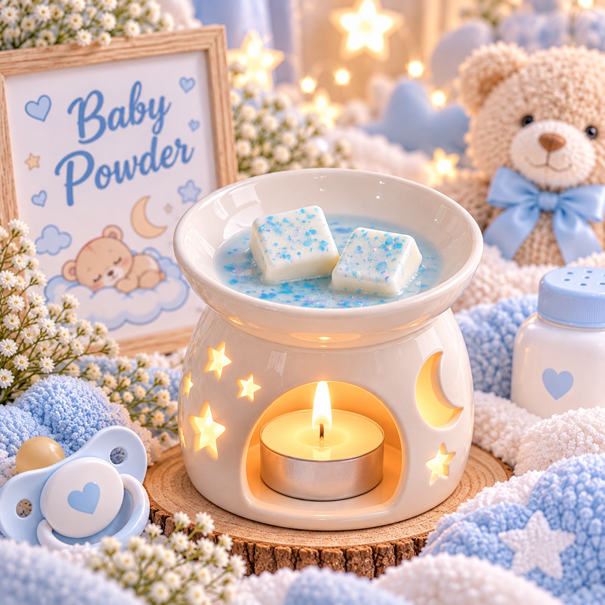 A baby-themed wax warmer candle set on a wooden slice, surrounded by blue and white baby accessories including a teddy bear, pacifier, and a small sign that reads 'Baby Powder'.