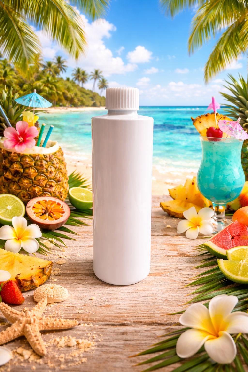 Summery bahama breeze scented reed diffuser refill on beach background 