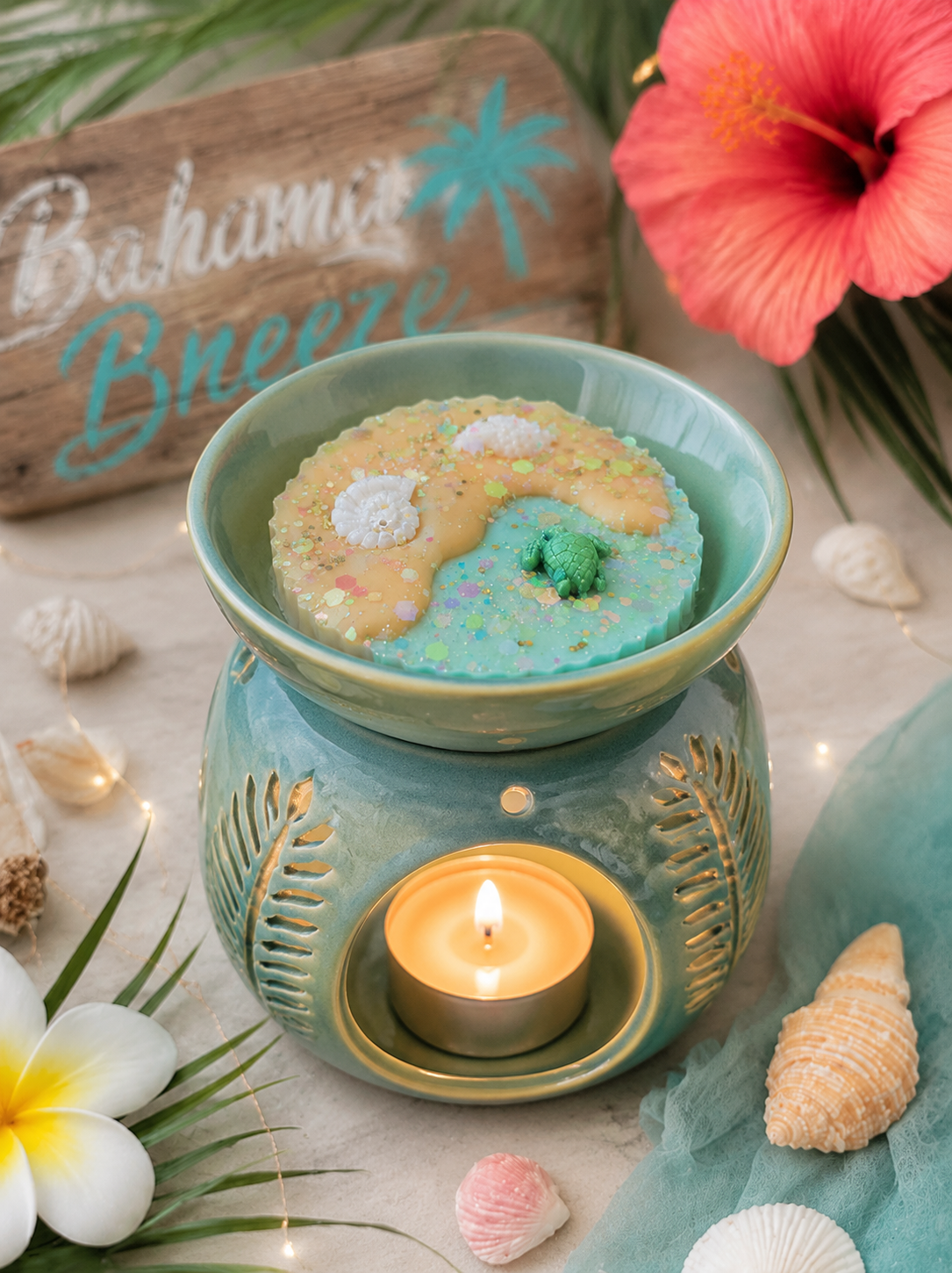 Bahama breeze turtle wax melt in burner with decorative beach items and shells.