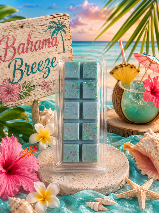 wax melt 'Bahama Breeze' with a tropical setting featuring flowers, a drink, and beach elements.
