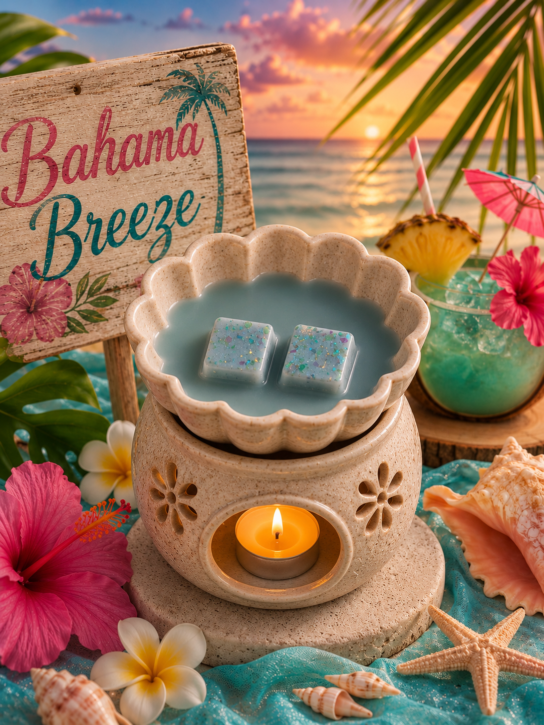 A tropical beach-themed scene with a beige ceramic wax warmer on turquoise fabric, holding two blue wax melts and a lit tea light. A wooden sign reads 'Bahama Breeze,' with hibiscus flowers, seashells, a starfish, and a sunset ocean backdrop in the background.