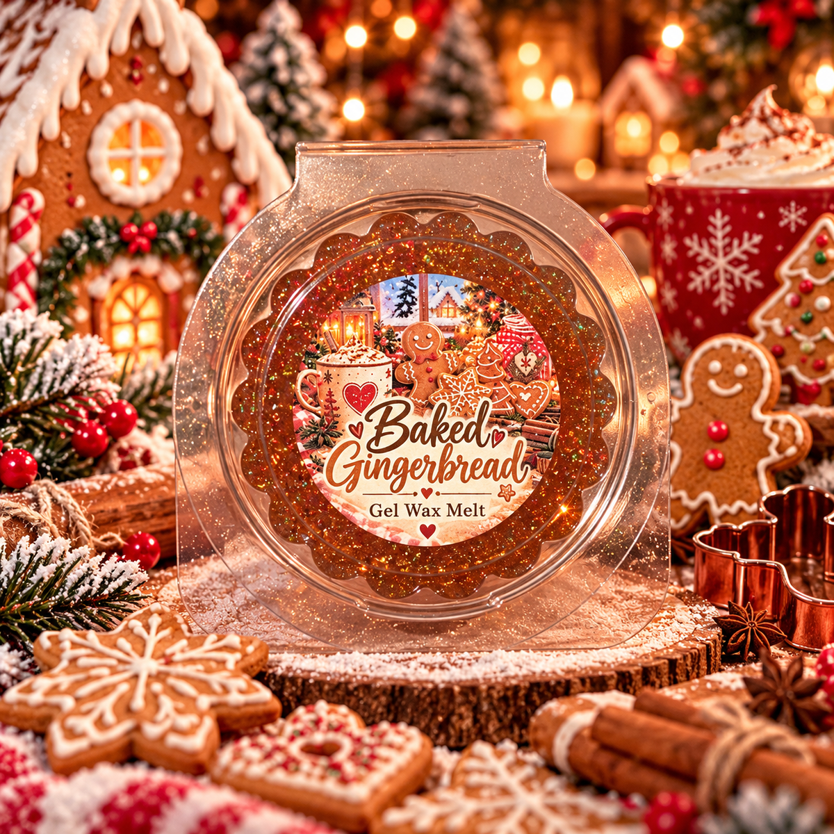 A round gel wax melt in a clear plastic clamshell package sits on a rustic wood slice, surrounded by festive gingerbread cookies, cinnamon sticks, evergreen branches, and warm holiday lights. The label reads 'Baked's Gingerbread Gel Wax Melt'.