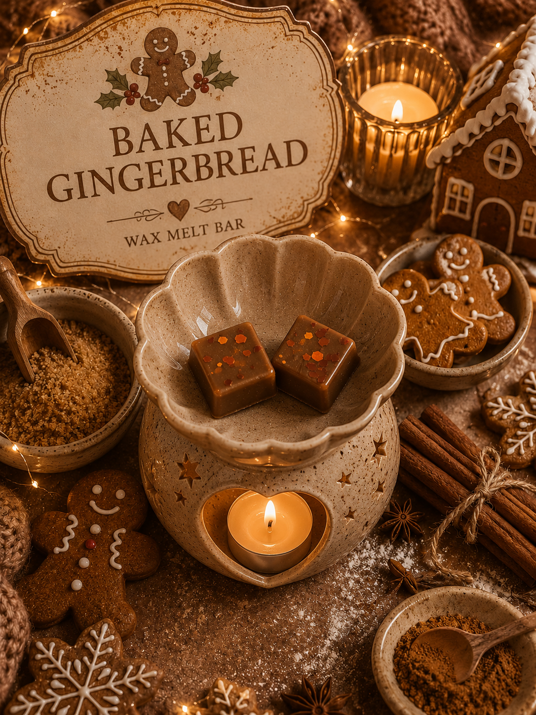Wax melt bar with gingerbread theme, surrounded by decorative gingerbread cookies and spices.
