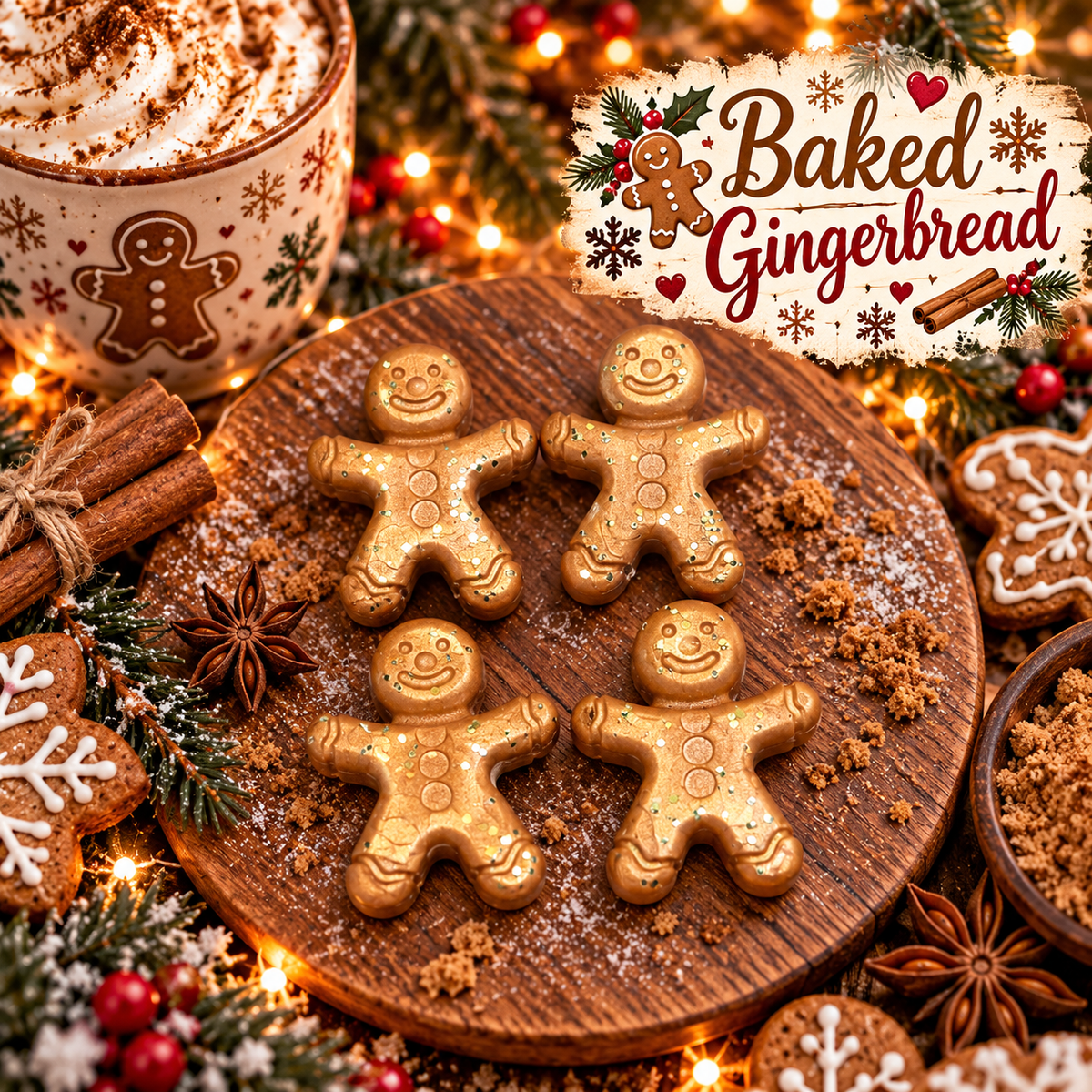 baker gingerbread soy wax melt shapes festive background theme.