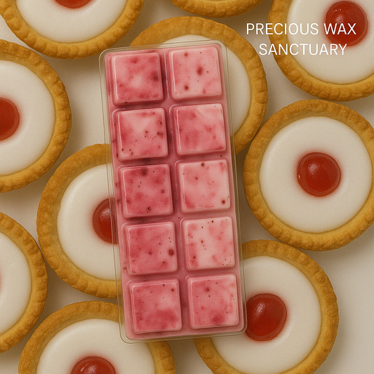 Bakewell Tart Wax Melts featuring a delicious, sweet aroma with notes of cherry, almond, and buttery pastry, evoking the comforting scent of a classic dessert.