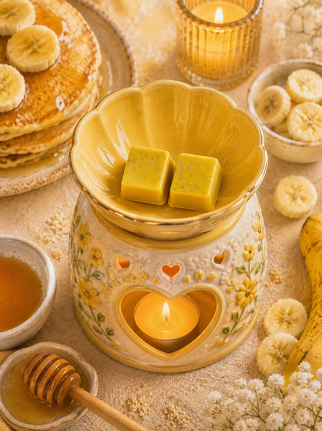 Bananan pancakes wax melt with burner with honey, pancakes and banana background theme.